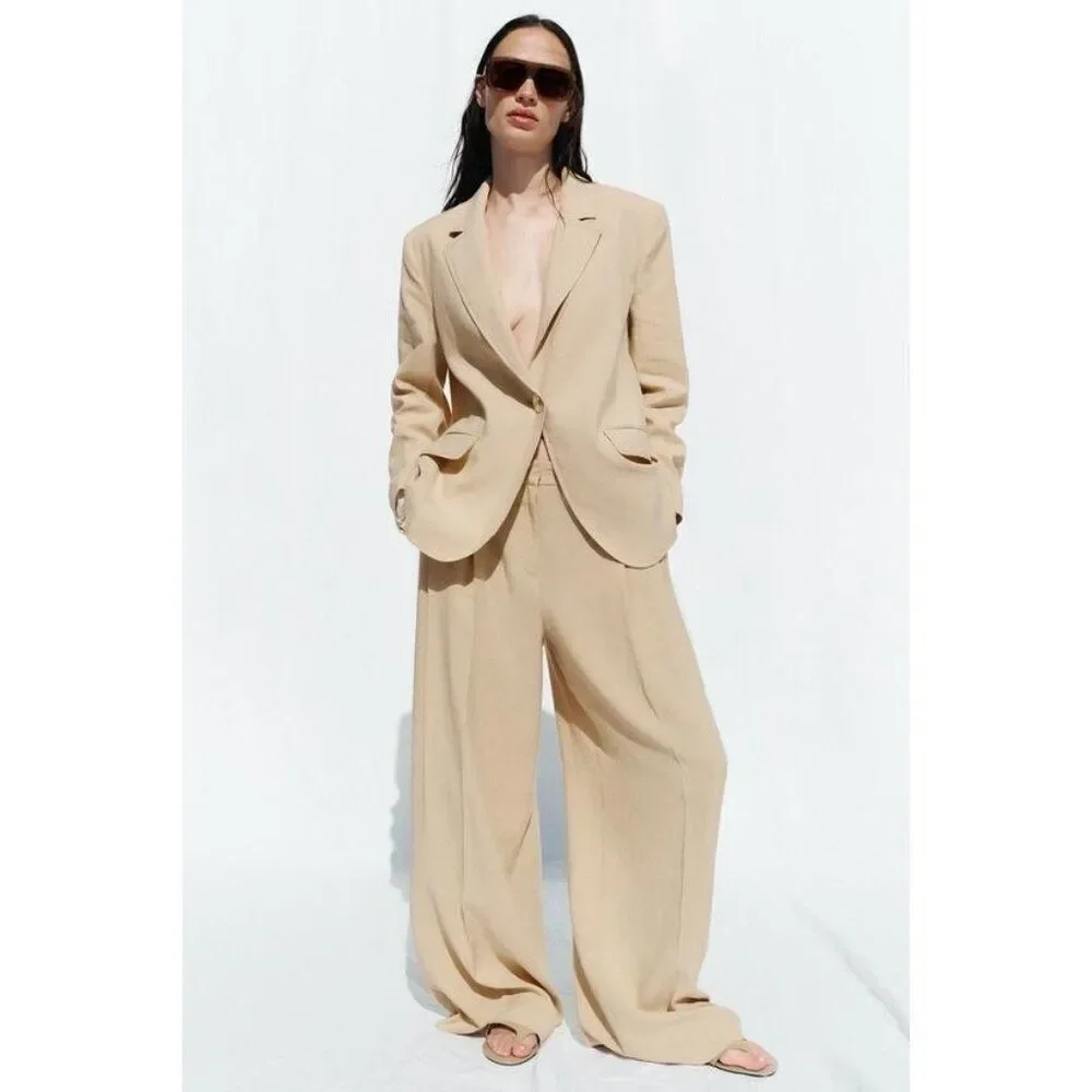 Zara Women Blazer Suit jacket XS Beige One Button Front Linen Blend 3478/848 NWT